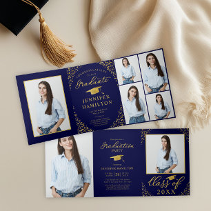 Invitation Trois Volets Black Gold Confetti Photo Graduation Party