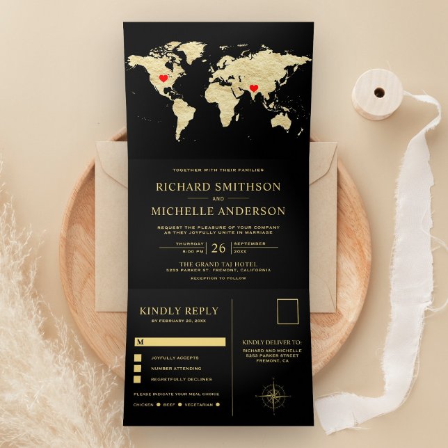 Invitation Trois Volets Black Gold World Map All in One Wedding (Créateur téléchargé)