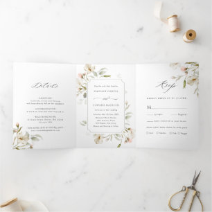 Invitation Trois Volets Blanc Blush Sage Élégant Mariage Floral