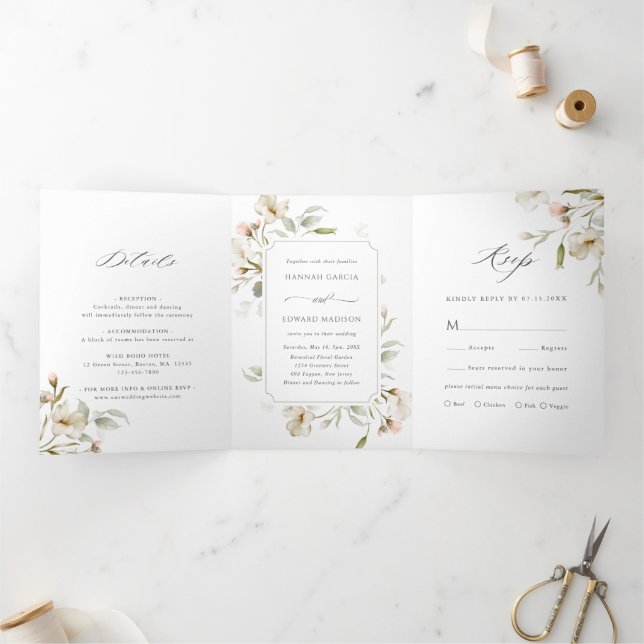 Invitation Trois Volets Blanc Blush Sage Élégant Mariage Floral (Intérieur)