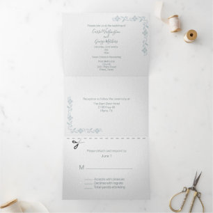 Invitation Trois Volets Blanc chic avec Fleurs Turquoises tout en un Maria