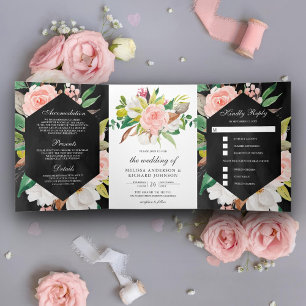 Invitation Trois Volets Blanc Magnolia Blush Rose Floral Mariage noir