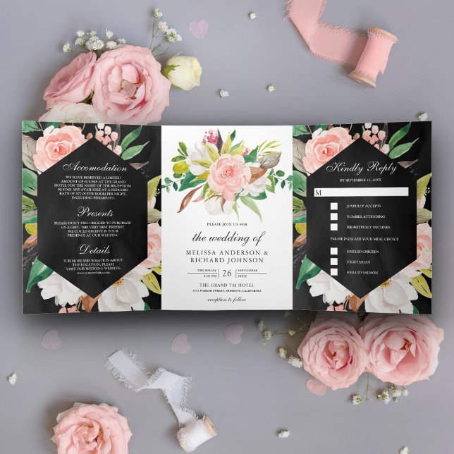 Invitation Trois Volets Blanc Magnolia Blush Rose Floral Mariage noir (Créateur téléchargé)