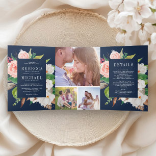 Invitation Trois Volets Blanc Magnolia Rouge Floral Bleu Marine Mariage