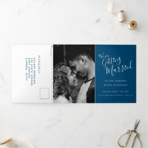 Invitation Trois Volets Bleu blanc petit coeur mariage tout-en-un