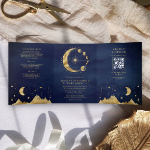 Invitation Trois Volets Bleu Céleste Or Croissant de Lune Phases de Lune M