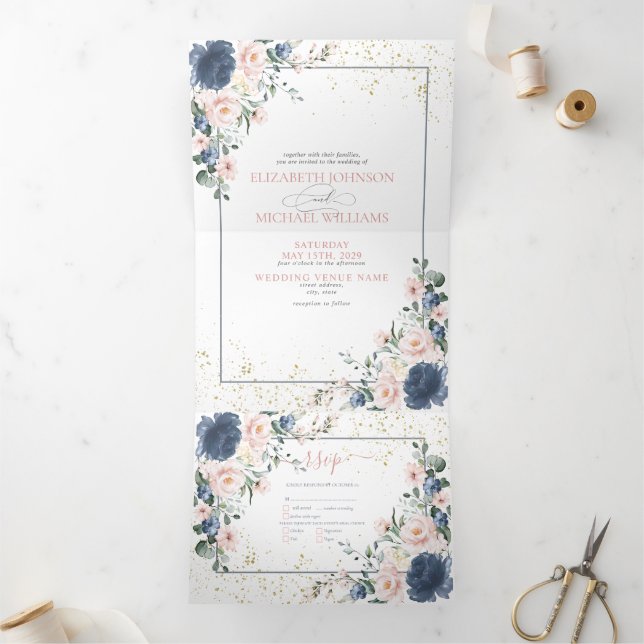 Invitation Trois Volets Bleu clair bleu rose rose or Mariage Tr (Intérieur)