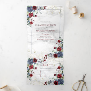 Invitation Trois Volets Bleu clair Bourgogne Floral Mariage Photo Tri