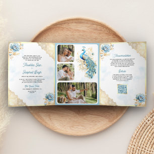 Invitation Trois Volets Bleu doux or Lace florale indien Paon Mariage