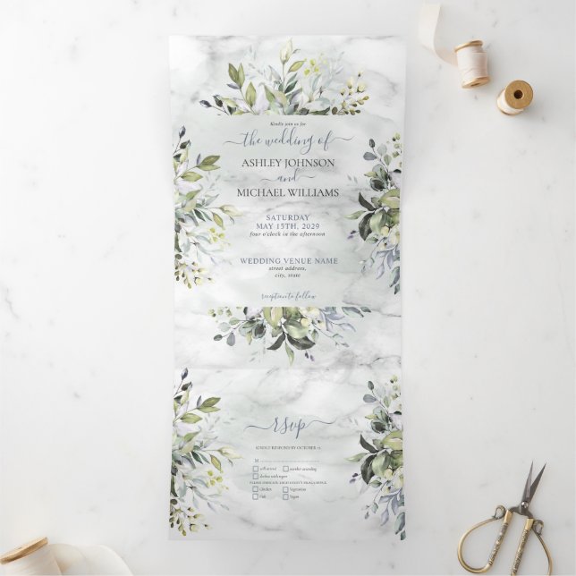 Invitation Trois Volets Bleu Duché Eucalyptus Vert Marbre botanique (Intérieur)