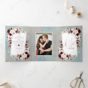 Invitation Trois Volets Bleu Dusty Burgundy Blush Floral Photo