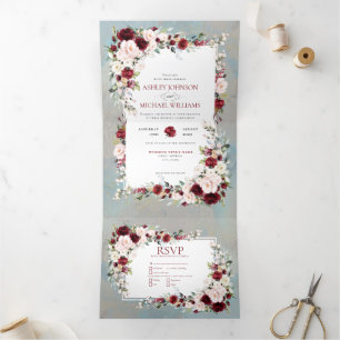 Invitation Trois Volets Bleu Dusty Burgundy Blush Floral Photo