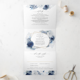 Invitation Trois Volets Bleu Dusty et Mariage botanique floral de la marin