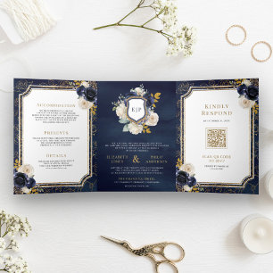 Invitation Trois Volets Bleu marine or floral tout en un blason de mariage