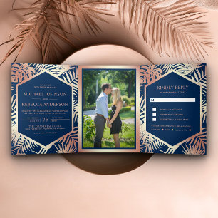 Invitation Trois Volets Bleu Nuit et Or Rose Feuille Tropicale Mariage aux