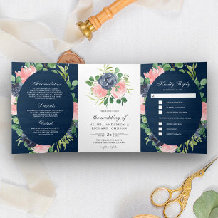Invitation Trois Volets Bleu Nuit et Rose Pâle Fleurs Bois Mariage