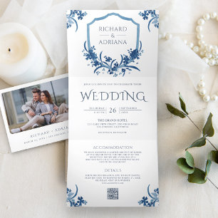 Invitation Trois Volets Bleu Poussiéreux Couronne Florale Tout en Un Code