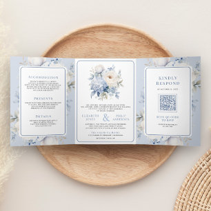 Invitation Trois Volets Bleu Poussiéreux et Fleurs Blanches Robe de Mariée
