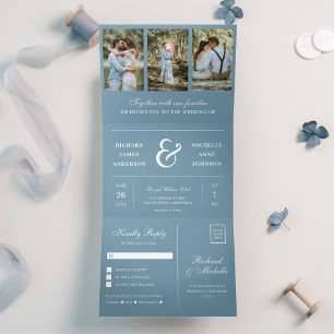 Invitation Trois Volets Bleu Poussiéreux Minimal 3 en 1 Mariage Collage Ph
