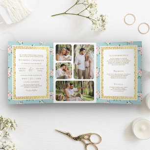 Invitation Trois Volets Bleu Rose Floral Combinaison Dorée Mariage Indien