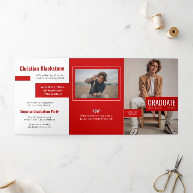 Invitation Trois Volets Blocs de Red 4Photo Graduation (Extérieur)