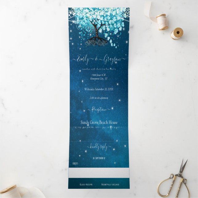 Invitation Trois Volets Blue Aqua Turquoise Heart Leaf Tree Mariage (Intérieur)