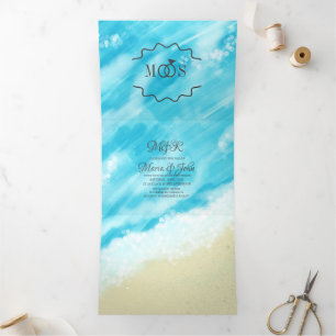 Invitation Trois Volets Blue Beach Waves et Sand Bokeh Lights