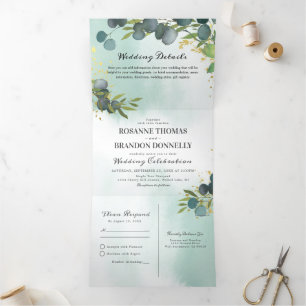 Invitation Trois Volets Blue Eucalyptus Vert 3 en 1 Mariage