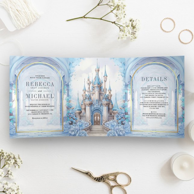 Invitation Trois Volets Blue Floral Fairytale Castle tout en un Mariage (Créateur téléchargé)