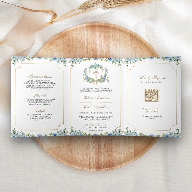 Invitation Trois Volets Blue Floral Gold Croix catholique QR Code Mariage (Créateur téléchargé)