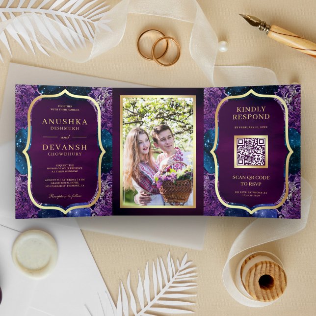 Invitation Trois Volets Blue Galaxy Purple Mandala QR Code Mariage indien (Créateur téléchargé)