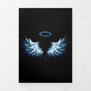 Invitation Trois Volets Blue Glowing Angel Wings on black background