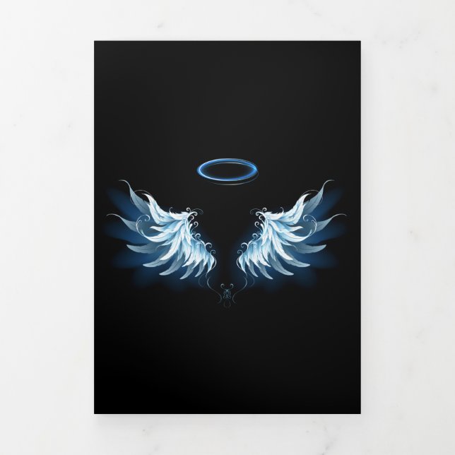 Invitation Trois Volets Blue Glowing Angel Wings on black background (Page de couverture)