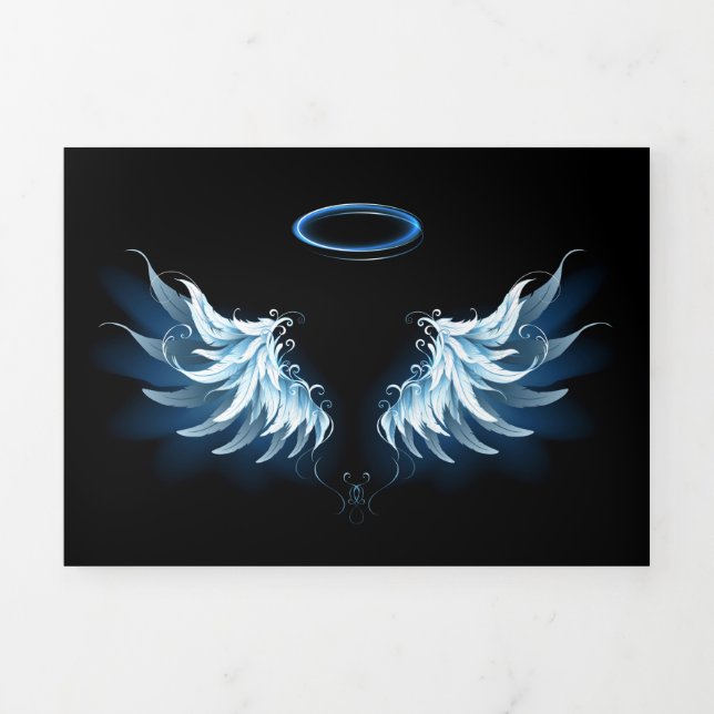 Invitation Trois Volets Blue Glowing Angel Wings on black background (Page de couverture)