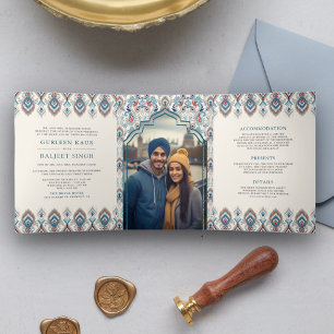Invitation Trois Volets Blue Grey Ikat All in One Anand Karaj Sikh Mariage
