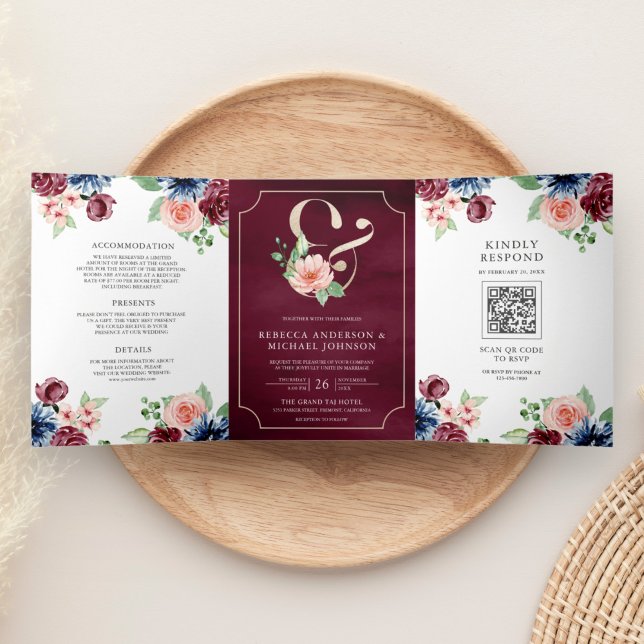 Invitation Trois Volets Blush Navy Bourgogne Floral Marsala QR Code Mariag (Créateur téléchargé)