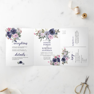 Invitation Trois Volets Blush Pink et Indigo Navy Mariage Floral