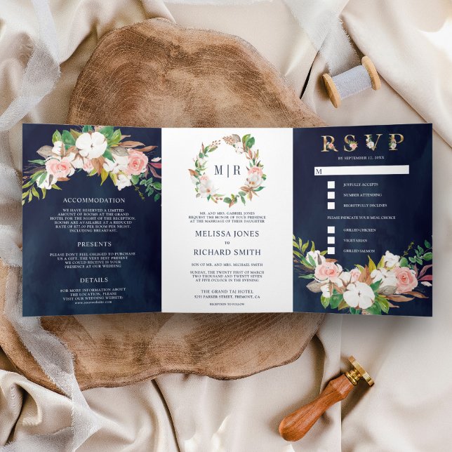 Invitation Trois Volets Blush rose Floral Magnolia Mariage de la marine de (Créateur téléchargé)