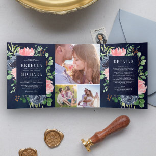 Invitation Trois Volets Blush Rose Floral Navy Blue Photo Collage Mariage