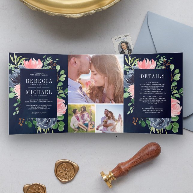 Invitation Trois Volets Blush Rose Floral Navy Blue Photo Collage Mariage (Créateur téléchargé)