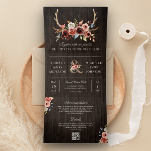 Invitation Trois Volets Boho Antler Terracotta Floral QR Code Mariage en b