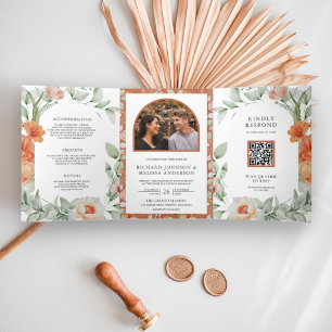 Invitation Trois Volets Boho Arch Earthy Floral Code QR Mariage