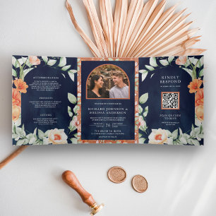 Invitation Trois Volets Boho Arch Earthy Floral Navy Blue QR Code Mariage