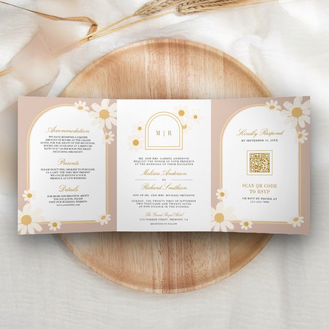 Invitation Trois Volets Boho Beige Cream Jaune Daisy Tout en un Mariage (Créateur téléchargé)
