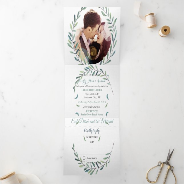 Invitation Trois Volets Boho Blue et Green Wreath Mariage (Intérieur)