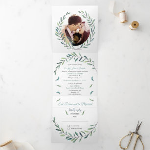 Invitation Trois Volets Boho Blue et Green Wreath Mariage