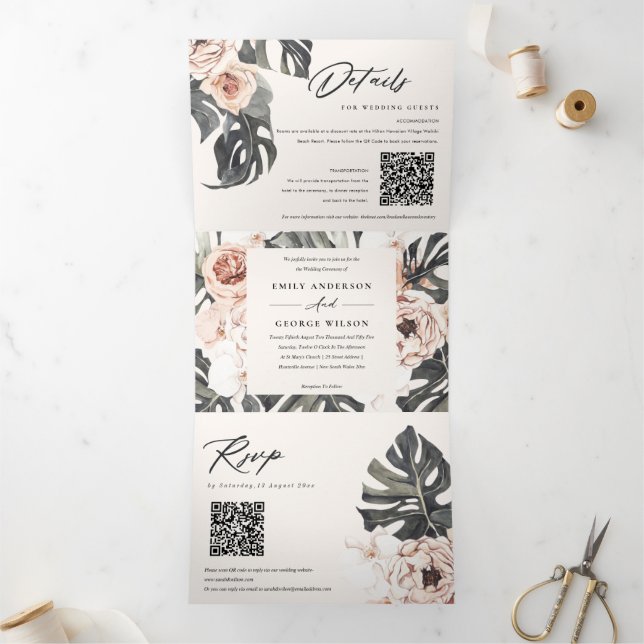 Invitation Trois Volets Boho Blush Rust Monstera Floral 2 QR Code Mariage (Intérieur)