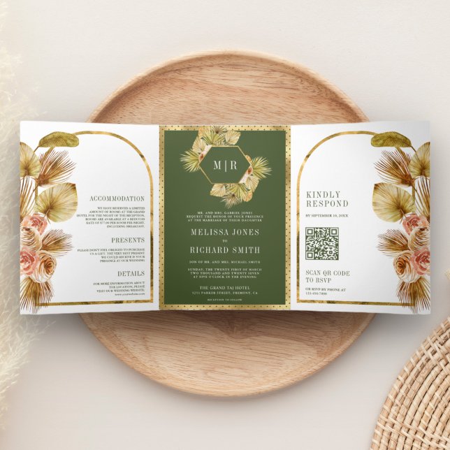 Invitation Trois Volets Boho Earthy Floral Olive Green QR Code Mariage (Créateur téléchargé)