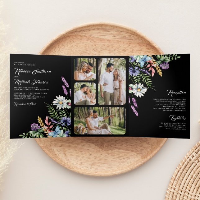 Invitation Trois Volets Boho Fleur sauvage photo tout en un Mariage noir (Créateur téléchargé)