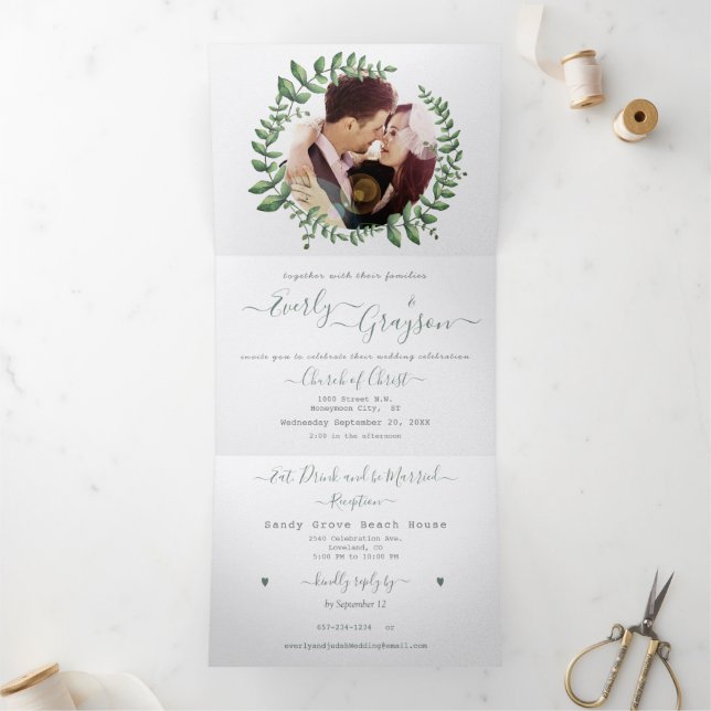 Invitation Trois Volets Boho Green Leaf Olive Green Cendres Mariage Tri (Intérieur)
